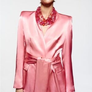 NEW Zara Pink Satin Blazer with Structured Shoulders